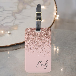 Girly Rose Gold Blush Pink Glitter Monogram Luggage Tag