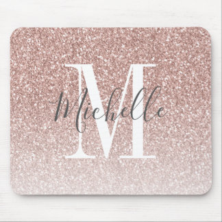 Girly Rose Gold Blush Pink Glitter Monogram Name Mouse Pad