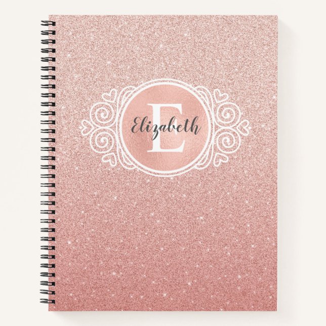 Girly Rose Gold Blush Pink Glitter Monogram Name Notebook (Front)
