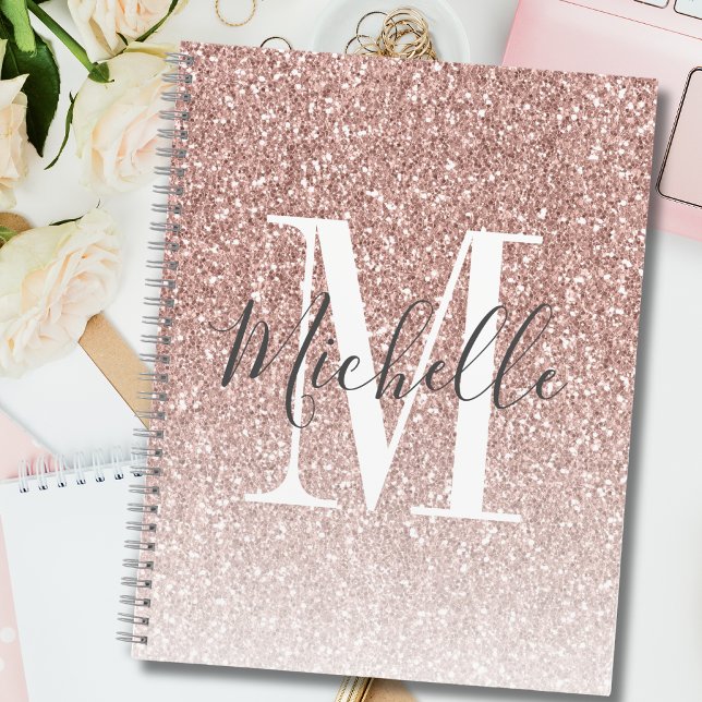 Girly Rose Gold Blush Pink Glitter Monogram Name Notebook (Creator Uploaded)