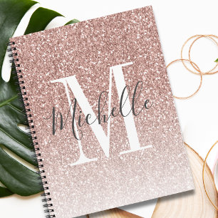 Girly Rose Gold Blush Pink Glitter Monogram Name Notebook