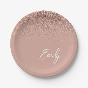 Girly Rose Gold - Blush Pink Glitter Monogram Paper Plate