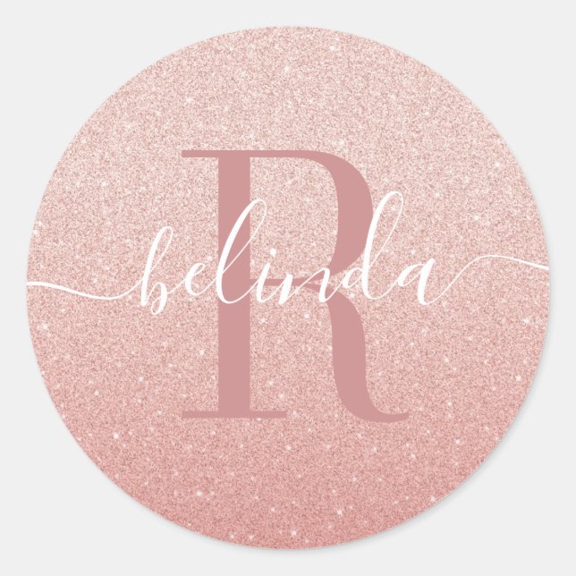 Girly Rose Gold Blush Pink Monogram Name Classic Round Sticker (Front)