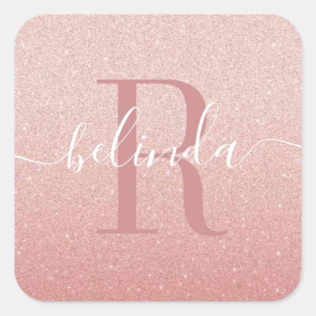 Girly Rose Gold Blush Pink Monogram Name Square St Square Sticker (Front)