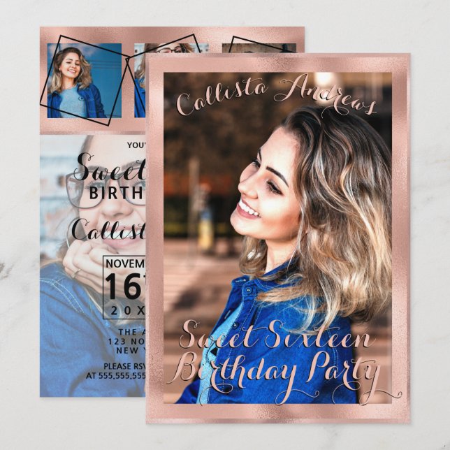 Girly Rose Gold Border Photo Collage Sweet 16 Invitation (Front/Back)