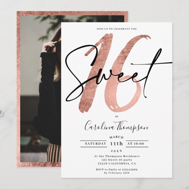Girly rose gold border script photo Sweet 16 Invitation (Front/Back)