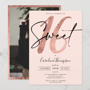 Girly rose gold border script photo Sweet 16 pink Invitation
