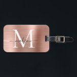 Girly Rose Gold Brushed Metal Monogram Script Luggage Tag<br><div class="desc">Pink Rose Gold Brushed Metal Script Monogram Cute Bag Tag</div>