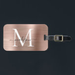 Girly Rose Gold Brushed Metal Monogram Script Luggage Tag<br><div class="desc">Pink Rose Gold Brushed Metal Script Monogram Cute Bag Tag</div>