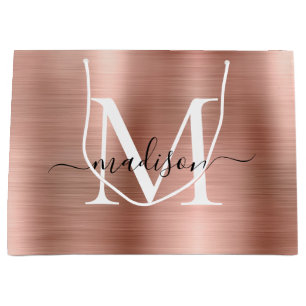 Girly Rose Gold Brushed Metal Monogram Script Name Large Gift Bag