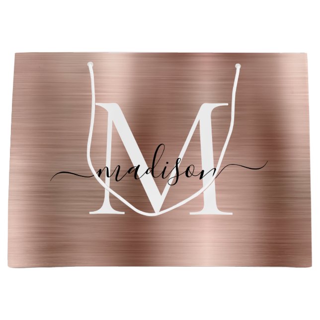 Girly Rose Gold Brushed Metal Monogram Script Name Large Gift Bag (Front)