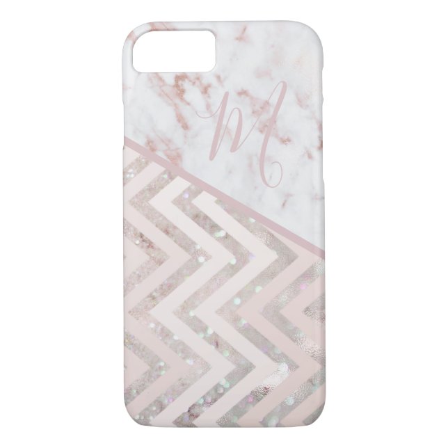 Girly Rose Gold Chevron Pattern Marble Monogram Case-Mate iPhone Case (Back)