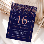 Girly rose gold confetti navy blue chic Sweet 16 Invitation<br><div class="desc">A girly,  elegant and chic rose gold foil confetti and geometric frame border Sweet 16 birthday party invitation,   on an editable navy blue background and a modern elegant script font,  this is perfect for elegant girly party.,  add your photo at the back</div>
