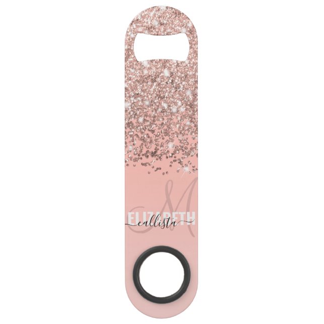Girly Rose Gold Confetti Pink Gradient Monogram Bar Key (Front)