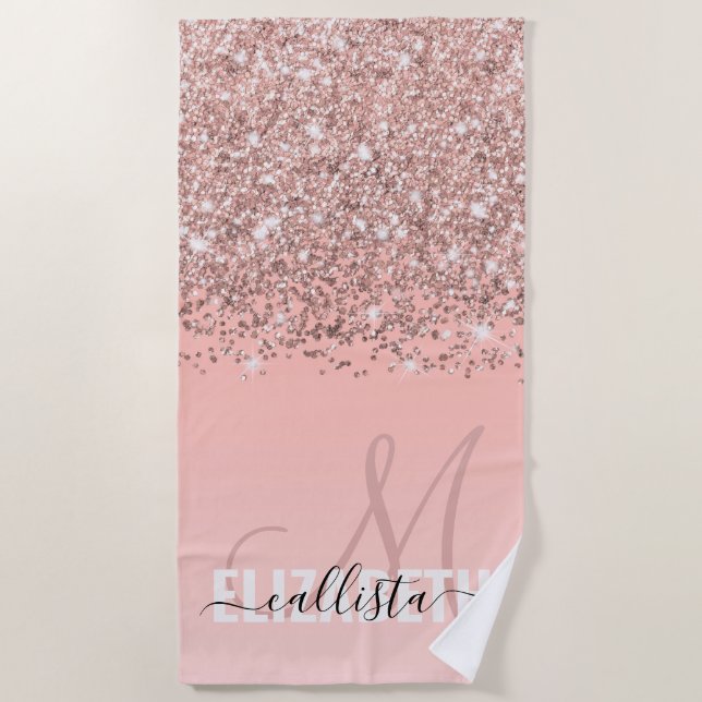 Girly Rose Gold Confetti Pink Gradient Monogram Beach Towel (Front)