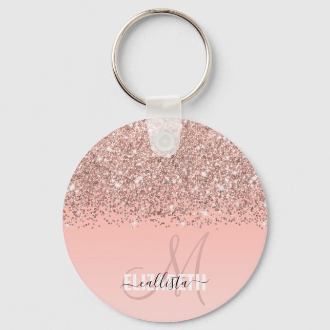 Girly Rose Gold Confetti Pink Gradient Monogram Keychain (Front)