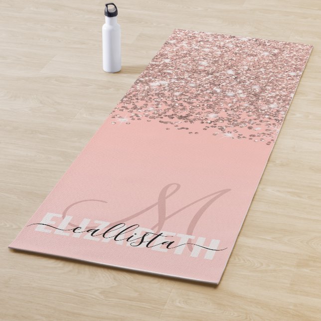 Girly Rose Gold Confetti Pink Gradient Monogram Yoga Mat (In Situ)