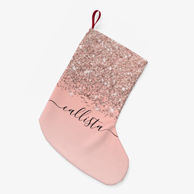 Girly Rose Gold Confetti Pink Gradient Ombre Small Christmas Stocking (Front (Hanging))