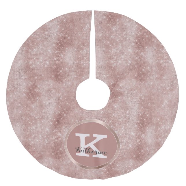 Girly Rose Gold Cute Diamond Sparkle Monogram Name Brushed Polyester Tree Skirt (Front)