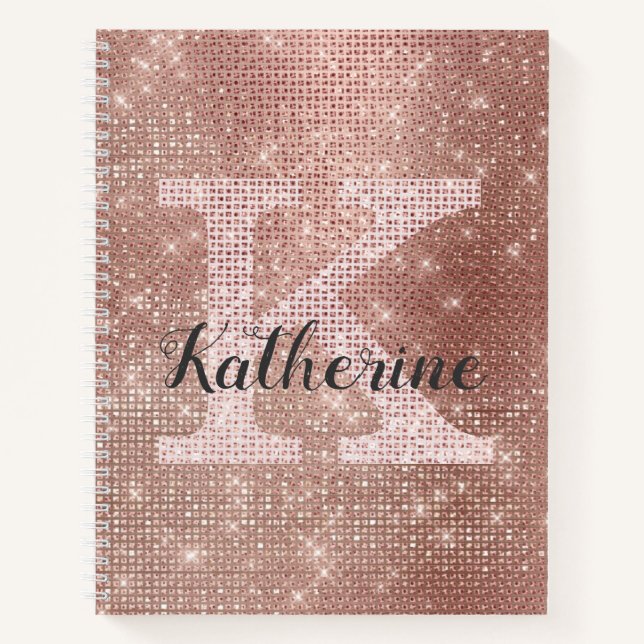 Girly Rose Gold Diamond Glam Sparkle Monogram Name Notebook (Front)