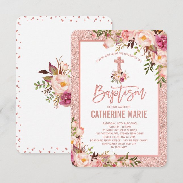 Girly Rose Gold Floral Baptism Baby Girl Invitation (Front/Back)