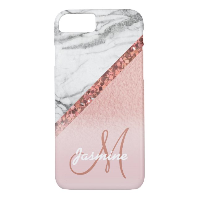 Girly Rose Gold Foil Glitter Grey Marble Monogram Case-Mate iPhone Case (Back)