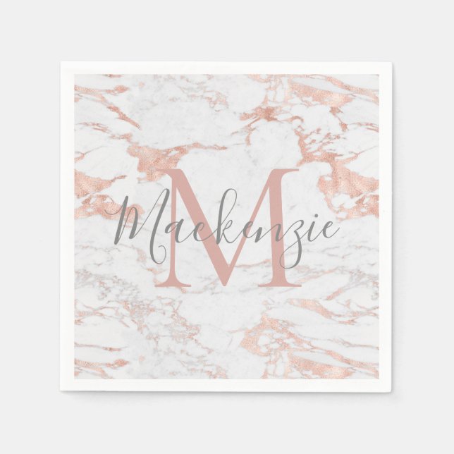 Girly Rose Gold Foil | Marble Monogram Napkin (Front)