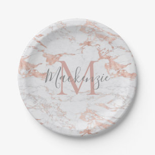 Girly Rose Gold Foil   Marble Monogram Paper Plate
