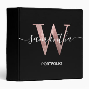Girly Rose Gold Foil Monogram W Black Portfolio Binder