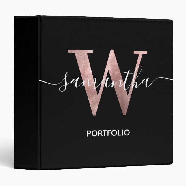 Girly Rose Gold Foil Monogram W Black Portfolio Binder (Front/Spine)