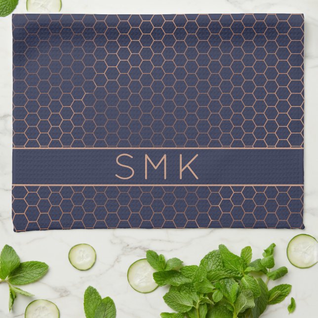 Girly Rose Gold Foil Navy Blue Geometric Monogram Kitchen Towel (Folded)