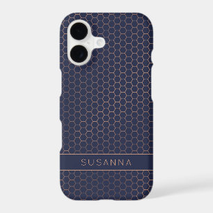Girly Rose Gold Foil Navy Hexagon Geometric