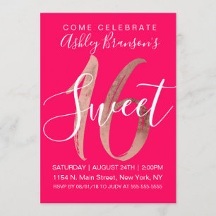 Girly Rose Gold Foil Neon Pink Sweet 16 Invitation