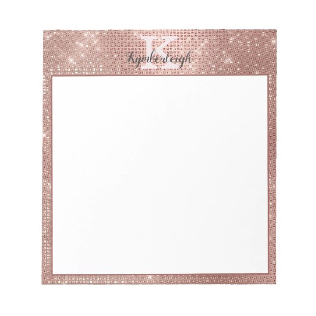 Girly Rose Gold Glam Glitter Sparkle Monogram Name Notepad (Front)