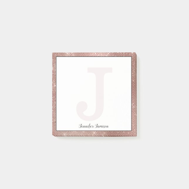 Girly Rose Gold Glam Sparkle Small Monogram Name Post-it Notes (Front)