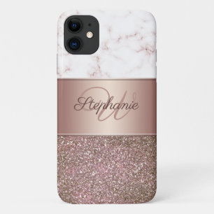 Girly Rose Gold Glitter and Marble Monogram iPhone 11 Case