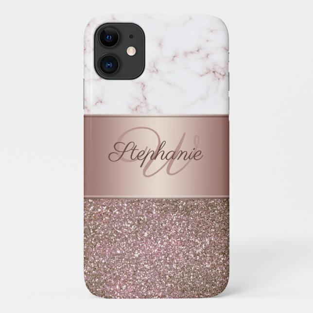 Girly Rose Gold Glitter and Marble Monogram Case-Mate iPhone Case (Back)