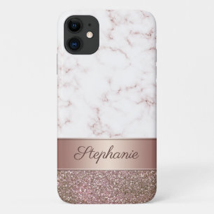 Girly Rose Gold Glitter and Marble Script Name iPhone 11 Case