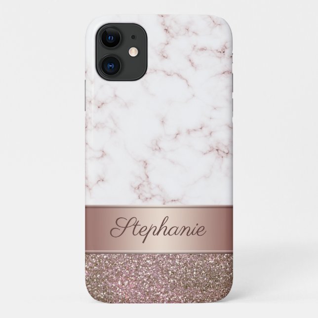 Girly Rose Gold Glitter and Marble Script Name Case-Mate iPhone Case (Back)