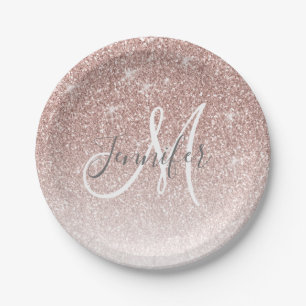 Girly Rose Gold Glitter Blush Monogram Name Paper Plate