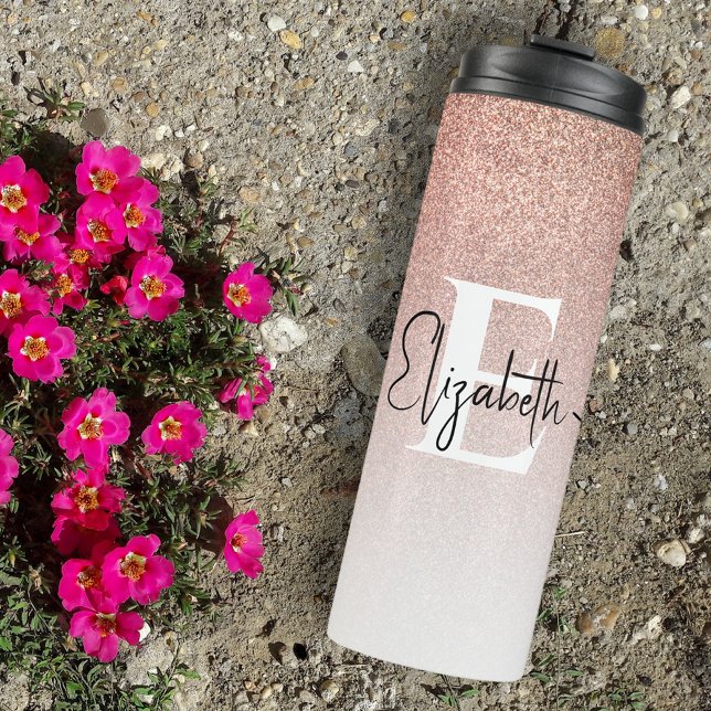 Girly Rose Gold Glitter Blush Monogram Script Name Thermal Tumbler (Creator Uploaded)