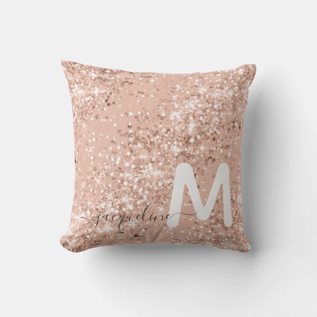 Girly Rose Gold Glitter Blush Monogram  Throw Pillow (Front)