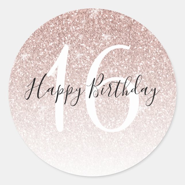 Girly Rose Gold Glitter Blush Sweet 16 Birthday Classic Round Sticker (Front)