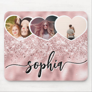 Girly Rose Gold Glitter Custom Name Photo Collage Mouse Pad