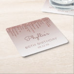 Girly Rose Gold Glitter Drip 80th Birthday Party Square Paper Coaster<br><div class="desc">These chic,  feminine 80th birthday party paper coasters feature a sparkly rose gold faux glitter drip border and rose gold ombre background. Personalize them with the guest of honour's name in dark rose handwriting script,  with her birthday and date below in sans serif font.</div>