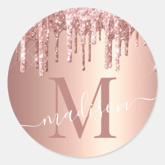 Girly Rose Gold Glitter Drip Foil Monogram Classic Round Sticker