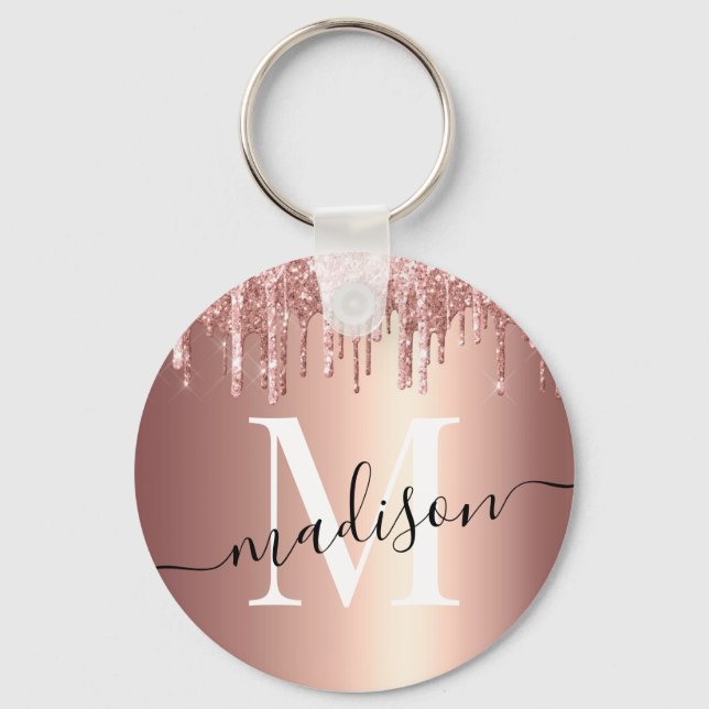 Girly Rose Gold Glitter Drip Foil Monogram Keychain (Front)