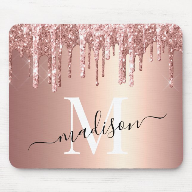 Girly Rose Gold Glitter Drip Foil Monogram Mouse Pad (Front)
