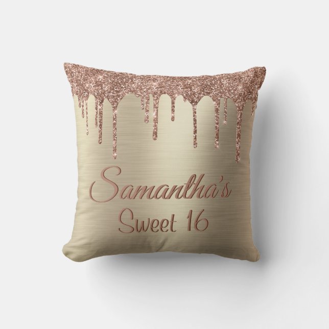 Girly Rose Gold Glitter Drip Sweet 16 Birthday Throw Pillow (Front)