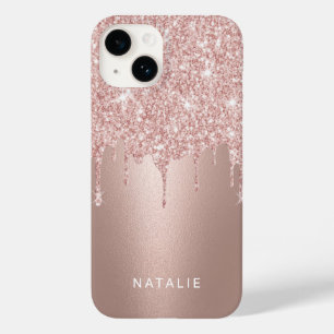 Girly Rose Gold Glitter Drips Custom Name Case-Mate iPhone 14 Case